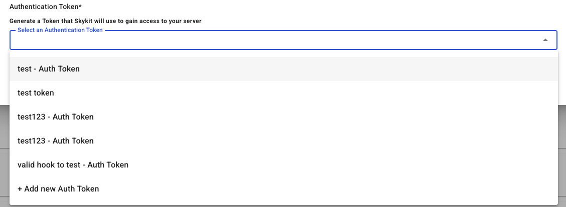 List of authentication tokens available for selection in a dropdown menu.